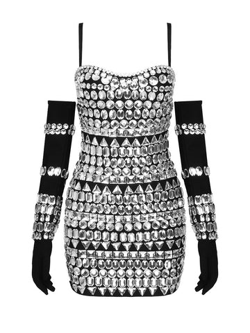 Women's Rhinestone Embroidered Flare Mini Dress Square Collar Sleeveless