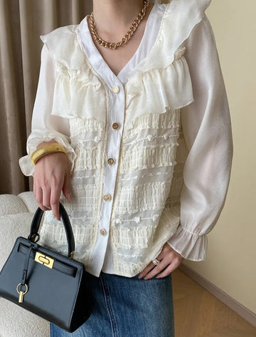 Women's Ruffle Blouse Long Sleeve Vintage Single Breasted Shirt