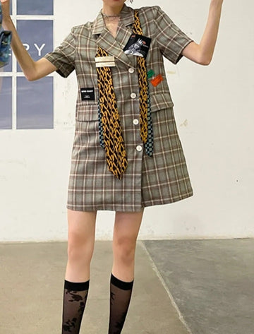 Women's School Style Vintage Dress Plaid Spliced Short Sleeve Patchwork