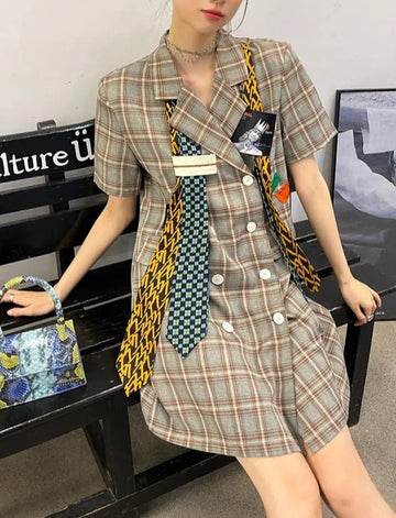 Women's School Style Vintage Dress Plaid Spliced Short Sleeve Patchwork