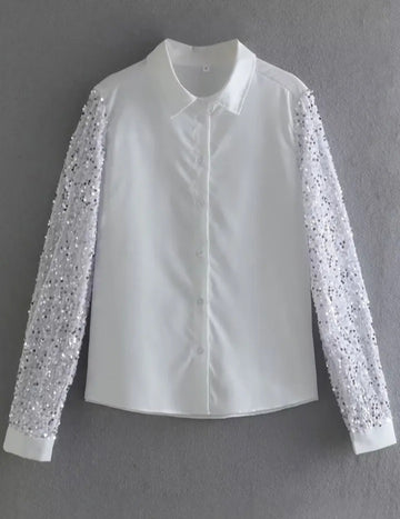 Women's Sequin Blouses Minimalist Style Long Sleeve Lapel Shirt