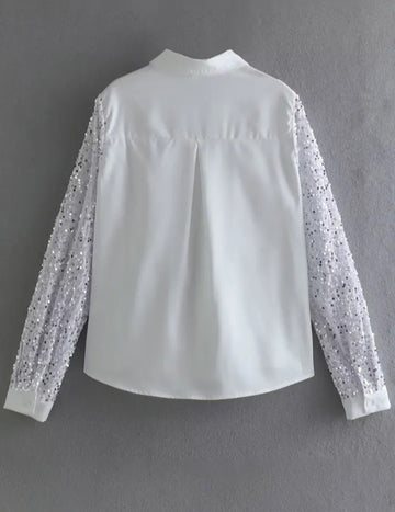 Women's Sequin Blouses Minimalist Style Long Sleeve Lapel Shirt