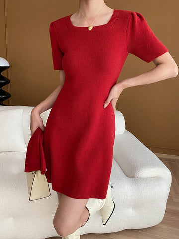 Women's Solid Casual Temperament Dress Long Sleeve Slimming Knitting