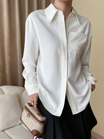 Women's Solid Office Blouse Minimalist Lapel Long Sleeve Pocket Shirt