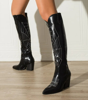 Women's Spider Web Design Western Boots Knit Embroidered Knee High