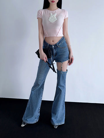 Women's Spliced Chain Jeans High Waist Vintage Style Slimming Pant