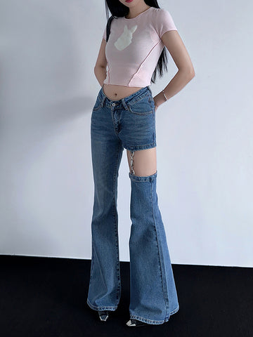 Women's Spliced Chain Jeans High Waist Vintage Style Slimming Pant