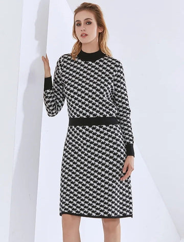 Women's Stand Collar Dress Vintage Style Plaid Long Sleeve Colorblock