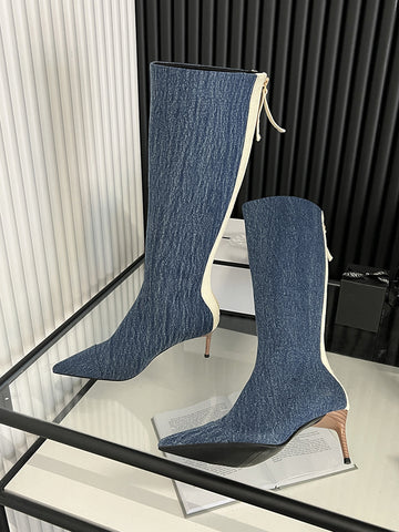 Women's Stiletto Denim Boots Knee High Pointed Toe Wooden Heels