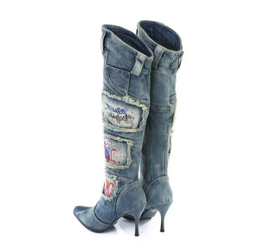 Women's High Heel Sequins and Diamond Design Denim Cowboy Style High Knee Boots