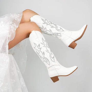 Western Pointed Toe Chunky Heel Pull-On Knee High Cowgirl Rhinestone Boots