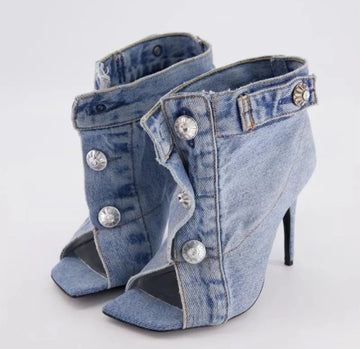 Women's Denim Sandals Vintage Slim High Heel Open Teeth Large Size