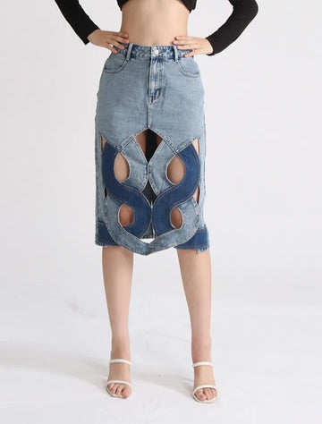 Fashionella Hollow Out High Waist Minimalist A Line Denim Skirt