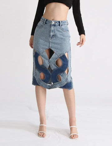 Fashionella Hollow Out High Waist Minimalist A Line Denim Skirt