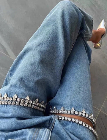 Fashionella rhinestone embroidered high waist flares women wide leg jeans