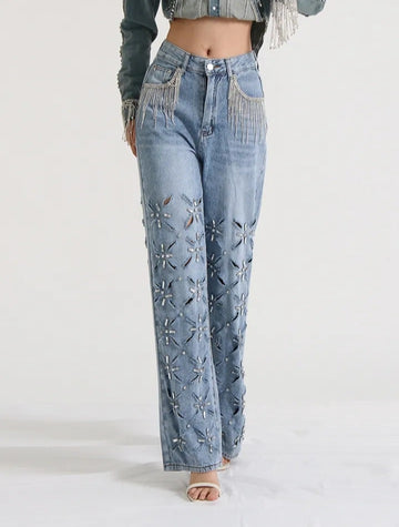 Fashionella Rhinestone Hollow Out Tassel High Waist Women Jeans