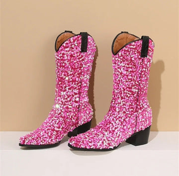 Fashionella Vintage Retro Style Sequin Women Western Cowboy Boots