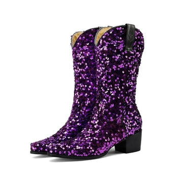 Fashionella Vintage Retro Style Sequin Women Western Cowboy Boots