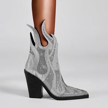 Rhinestone Flame Shape Mid-calf Western Cowgirl Boots