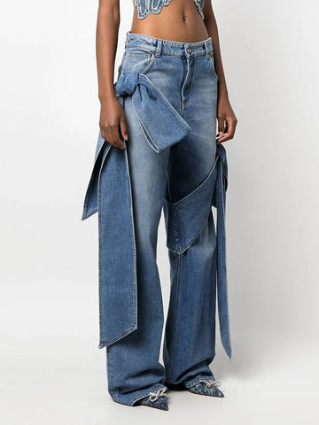 Patchwork Bowknot Jeans High Waist Spliced Pocket Streetwear Full Length Pants