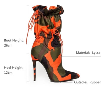 Women's Ankle Boots Camouflage Lace Up High Thin Heels Chic Boots