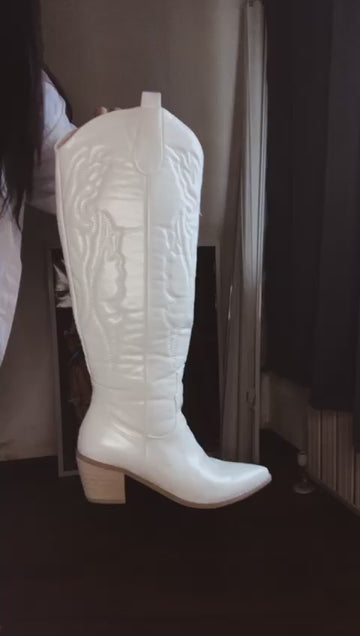 Cowboy Boots for Women Retro White Knee High Western Boots