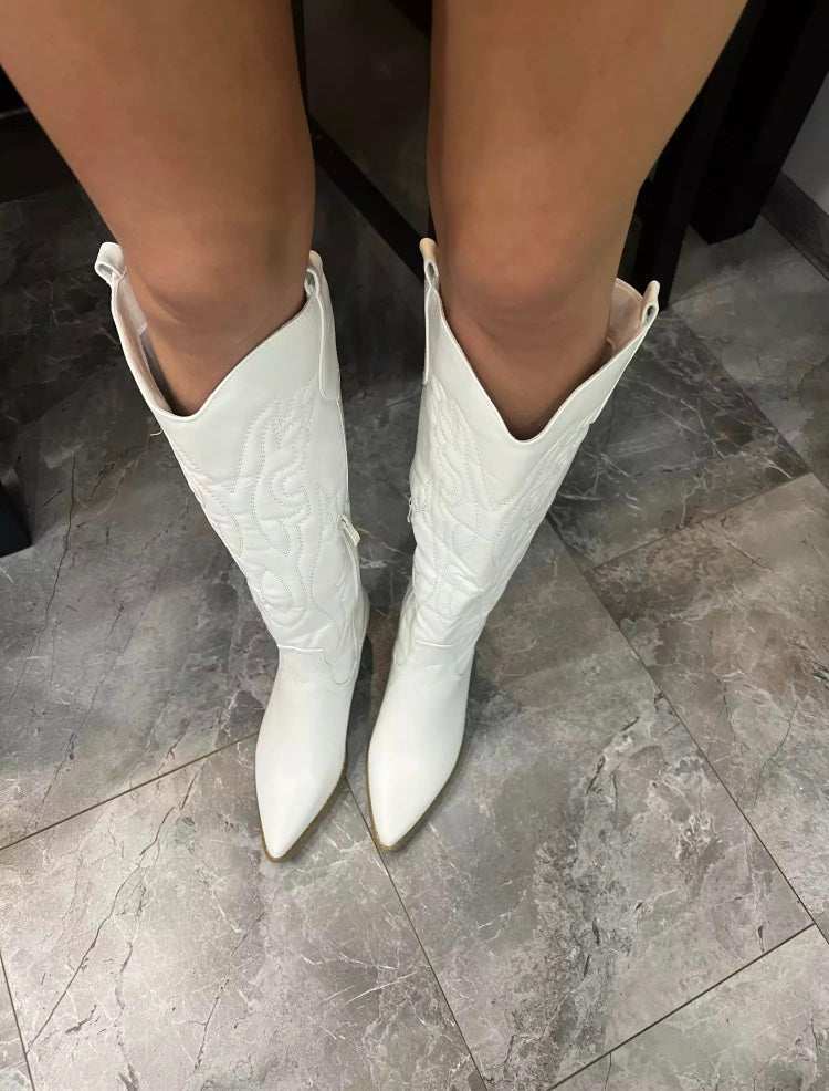 Cowboy Boots for Women Retro White Knee High Western Boots