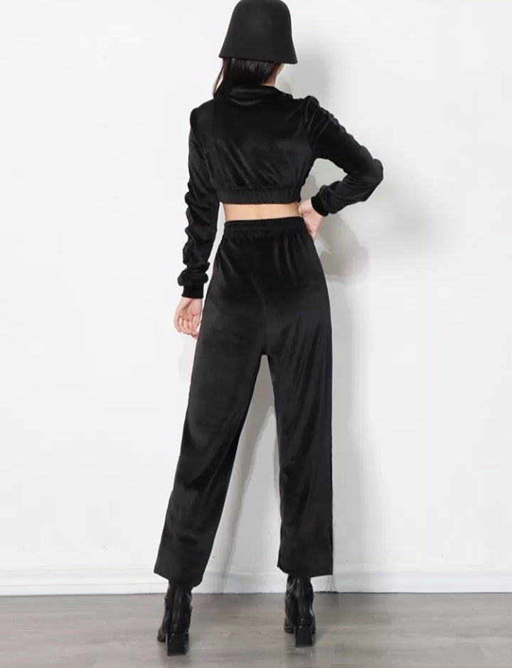 Two Piece Sets For Women Black Pant Long Sleeve Crop Top Set