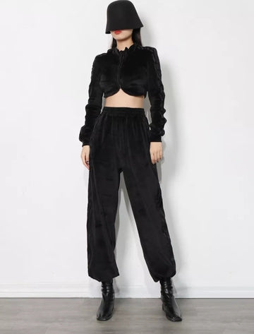 Two Piece Sets For Women Black Pant Long Sleeve Crop Top Set