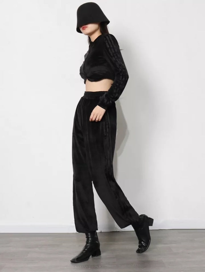 Two Piece Sets For Women Black Pant Long Sleeve Crop Top Set