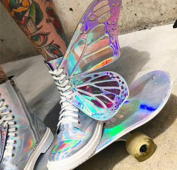 Butterfly Wings Shine Silver Leather Flat Women's Sneakers