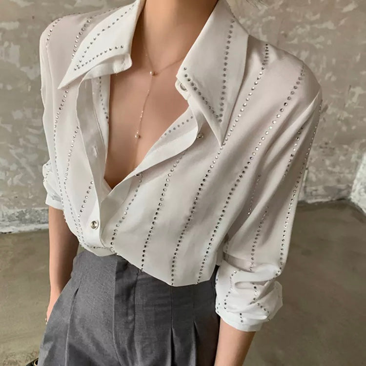 Casual Loose White Patchwork Diamonds Lapel Long Sleeve Blouse