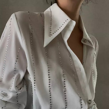 Casual Loose White Patchwork Diamonds Lapel Long Sleeve Blouse