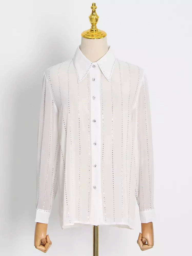 Casual Loose White Patchwork Diamonds Lapel Long Sleeve Blouse