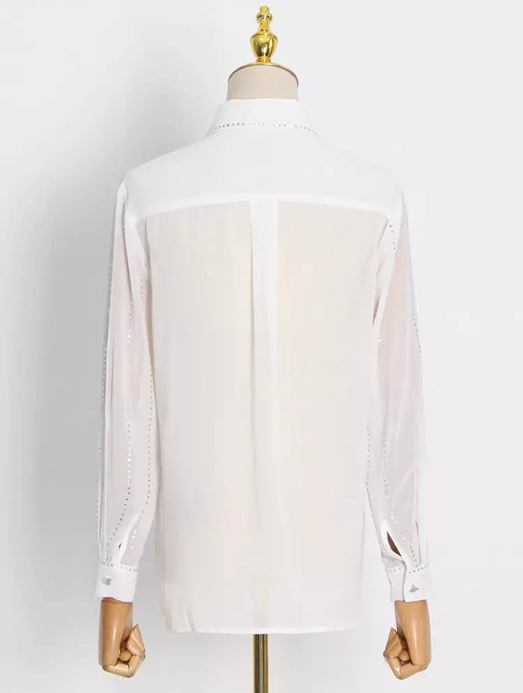 Casual Loose White Patchwork Diamonds Lapel Long Sleeve Blouse