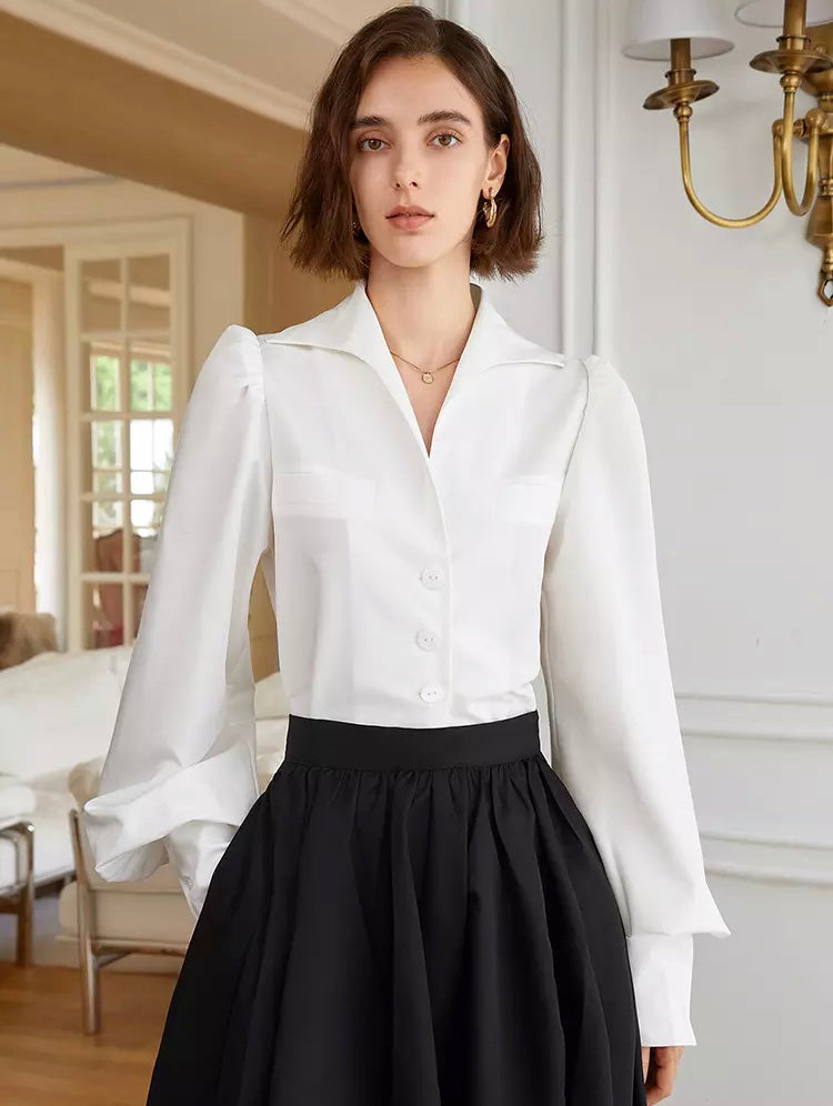 V Neck Long Sleeve Minimalist Single Breasted Blouse
