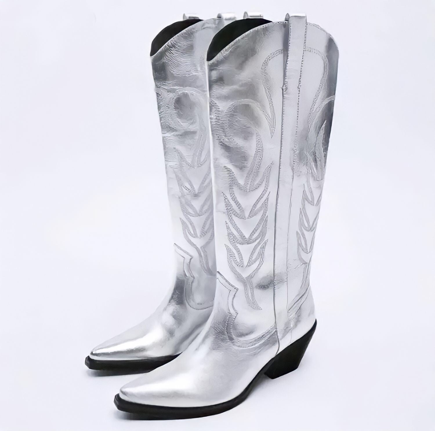 Silver Cowboy Boots Mid Calf Metallic Embroidered Western Style