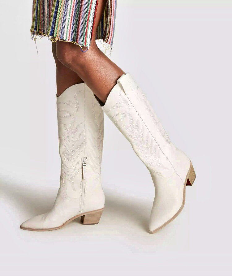 Silver Cowboy Boots Mid Calf Metallic Embroidered Western Style