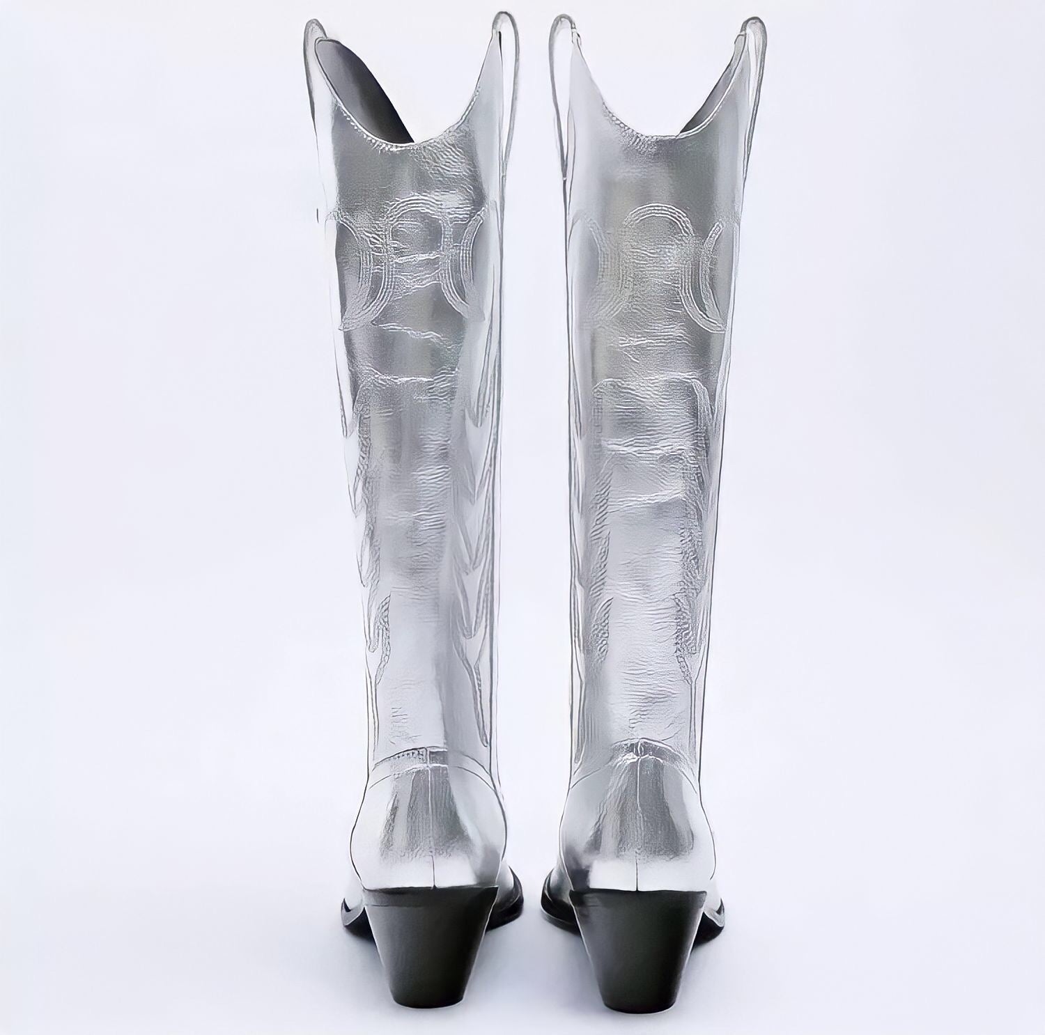 Silver Cowboy Boots Mid Calf Metallic Embroidered Western Style