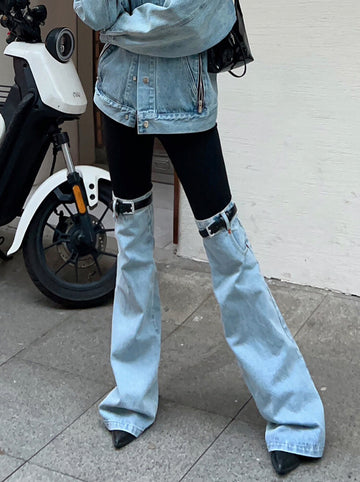 Fashionella Patchwork Denim Trousers For Women High Waist Spliced Pocket Wide Leg Pants