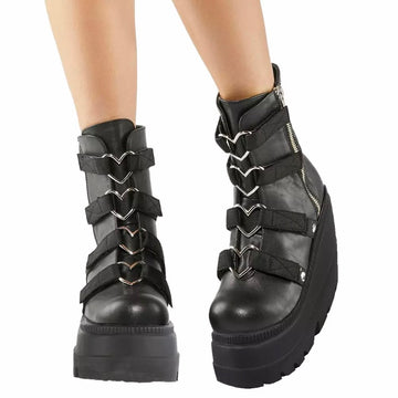 Fashionella Wednesday Addams Gothic Chunky Platform Strap Zip-up Punk Boots For Women