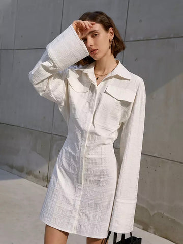 Long Flare Sleeve Gathered Waist Minimalist Shirt Dress For Women