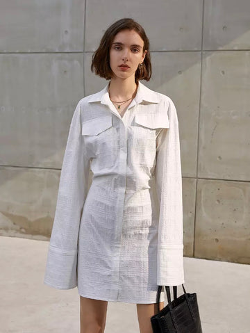 Long Flare Sleeve Gathered Waist Minimalist Shirt Dress For Women