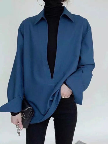 Women's Loose V Neck Long Sleeve Solid Minimalist Vintage Blouses