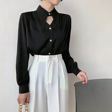 Minimalist Turn-down Collar Long Sleeve Blouse Solid Color Elegant
