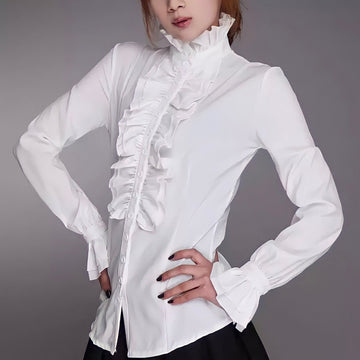 Minimalist Victorian Womens Tops Ruffles Long Sleeve Frill Solid Color Shirt High Neck Blouse