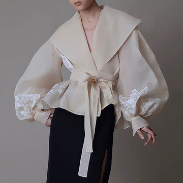 Organza Print Embroidery Women Lapel Lantern Long Sleeve Casual Blouse