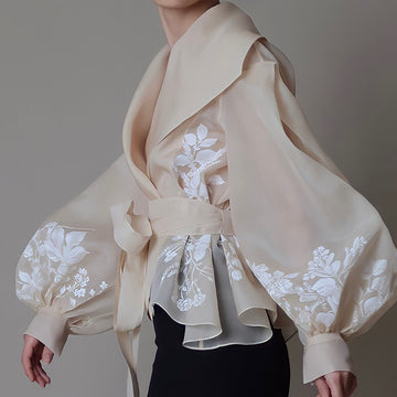 Organza Print Embroidery Women Lapel Lantern Long Sleeve Casual Blouse