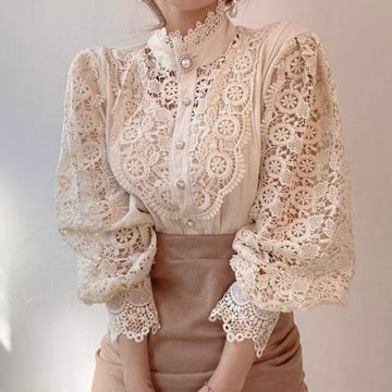 Lace Blouse Embroidered Vintage Style Solid Hollow Out Women's Tops