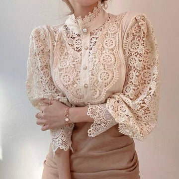 Lace Blouse Embroidered Vintage Style Solid Hollow Out Women's Tops